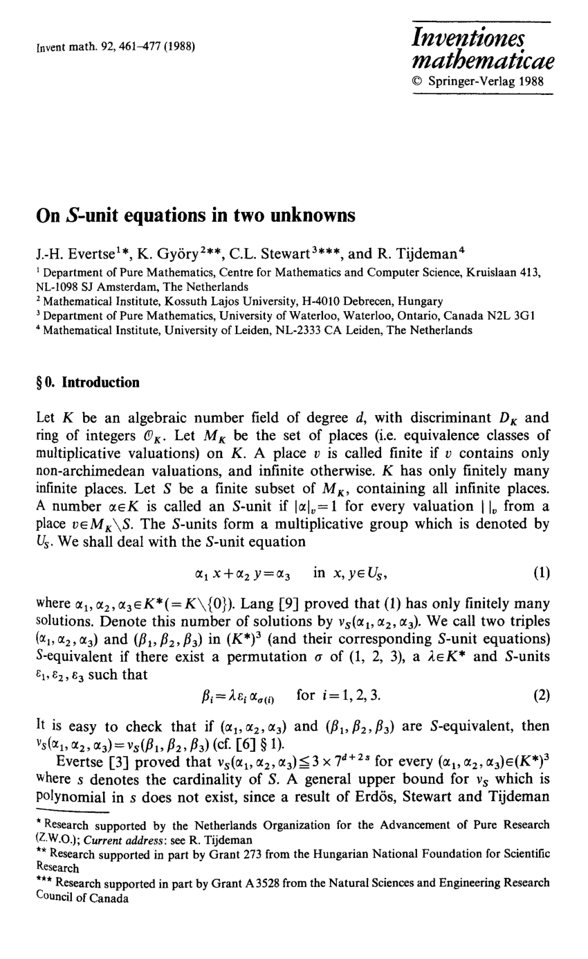 Pdf On S Unit Equations In Two Unknowns