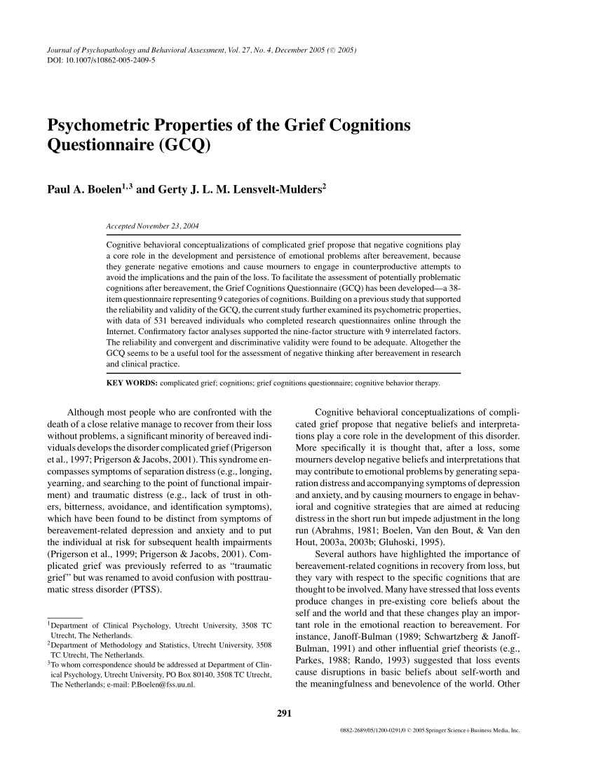 Pdf Psychometric Properties Of The Grief Cognitions Questionnaire Gcq