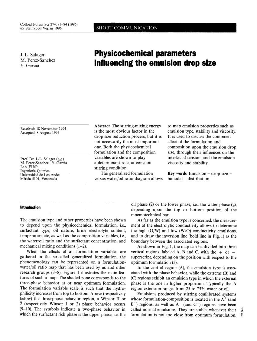 Pdf Physicochemical Parameters Influencing The Emulsion Drop Size