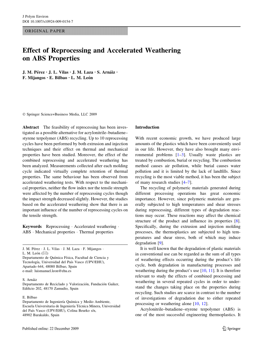 Pdf Effect Of Reprocessing And Accelerated Weathering On Abs Properties