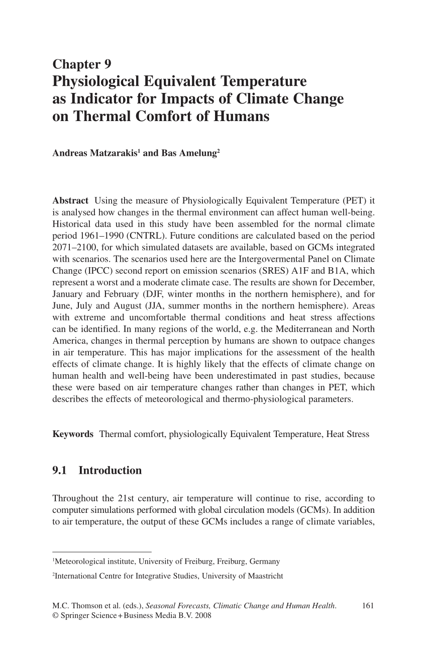 Pdf Physiological Equivalent Temperature As Indicator For Impacts