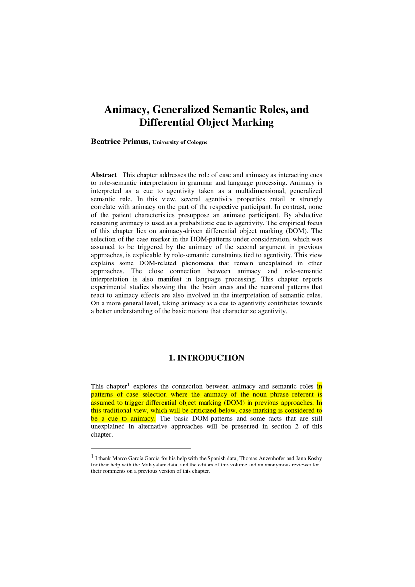 PDF Animacy Generalized Semantic Roles and Differential Object