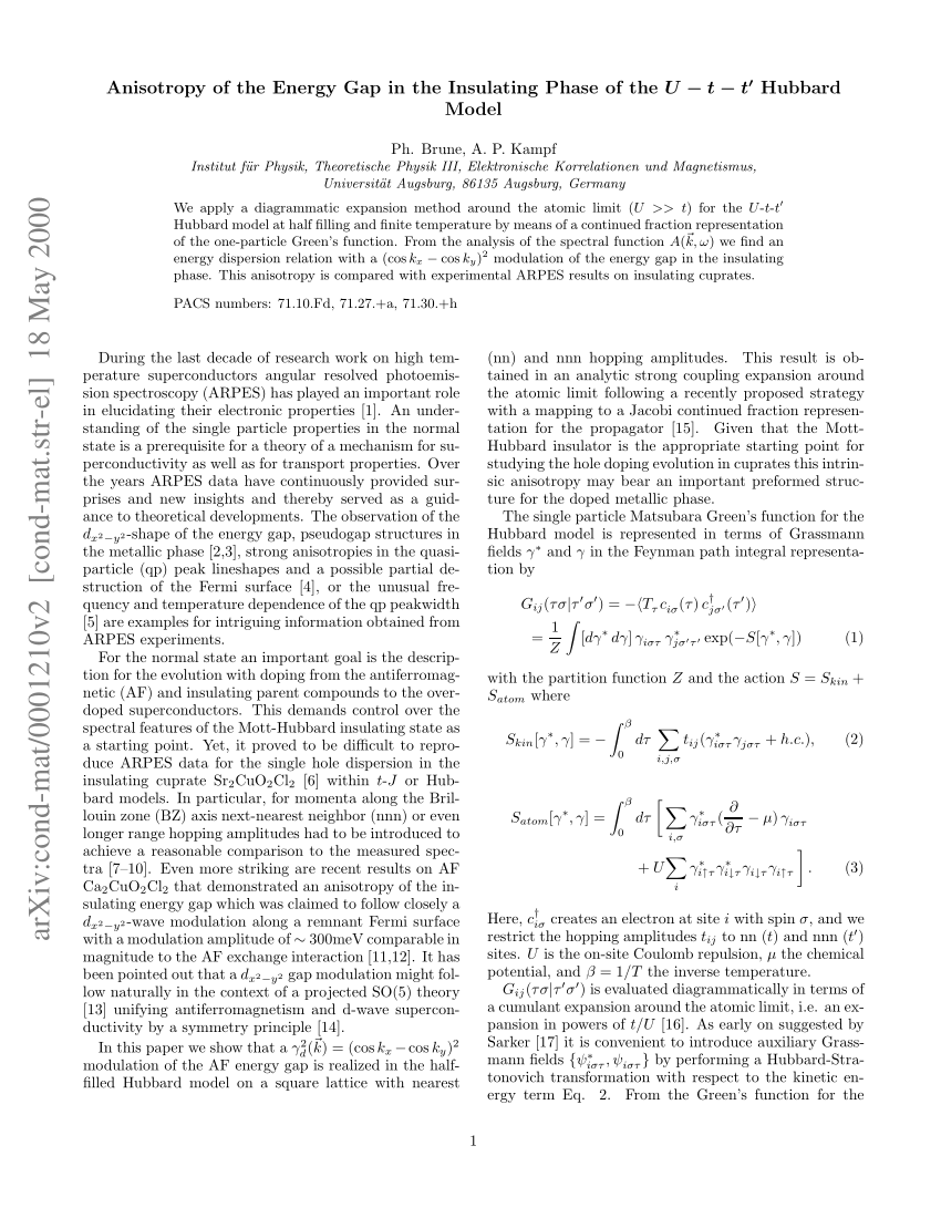Pdf Anisotropy Of The Energy Gap In The Insulating Phase Of The U T T Hubbard Model
