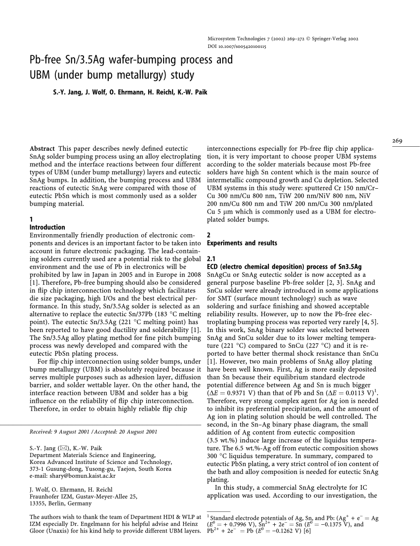 PDF) Pb-free Sn/3.5Ag wafer-bumping process and UBM (under bump metallurgy)  study