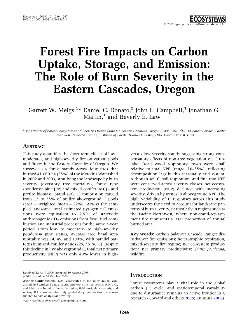 Pdf Forest Fire Impacts On Carbon Uptake Storage And Emission The Role Of Burn Severity In The Eastern Cascades Oregon