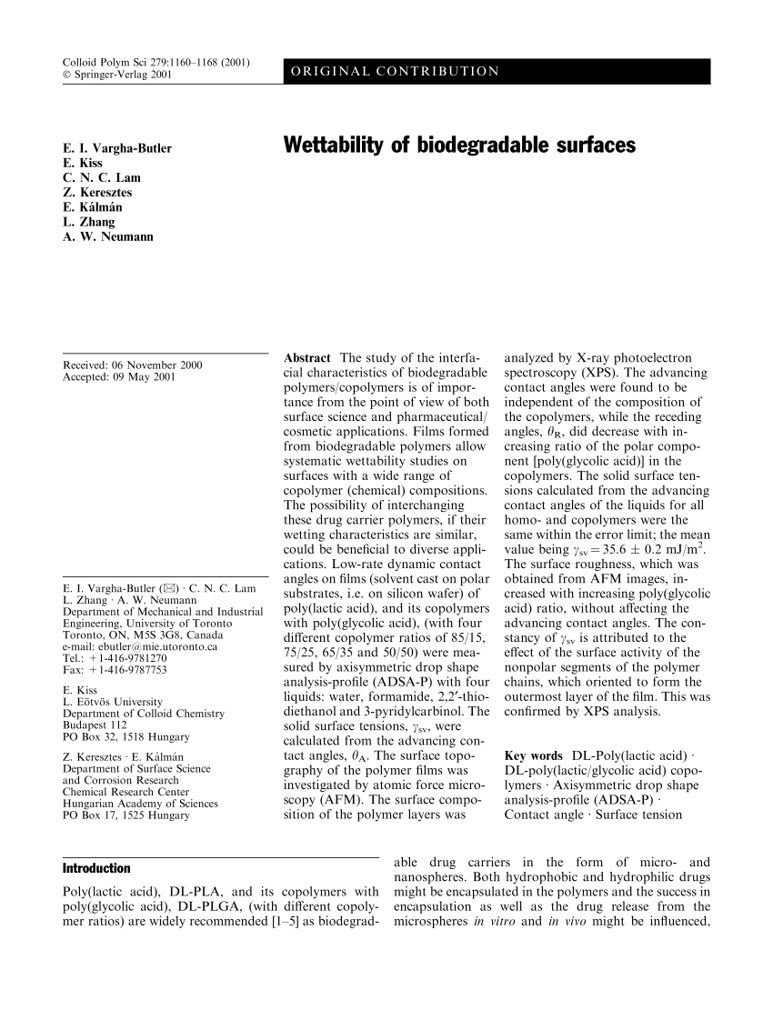 Pdf Wettability Of Biodegradable Surfaces