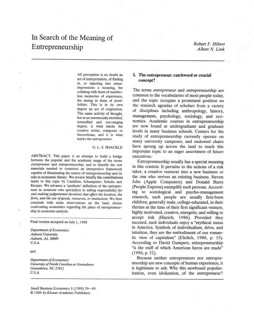 Pdf In Search Of The Meaning Of Entrepreneurship