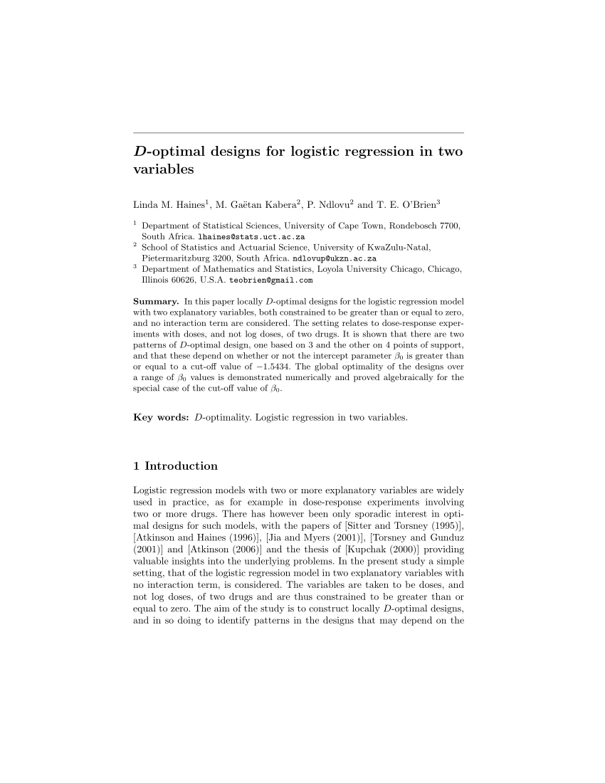 Pdf D Optimal Designs For Logistic Regression In Two Variables