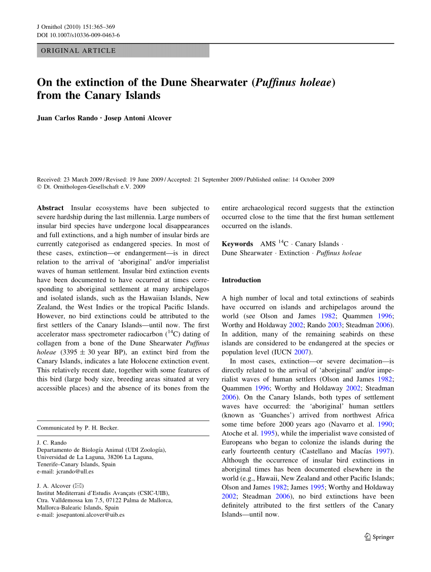 Pdf On The Extinction Of The Dune Shearwater From The Canary Islands