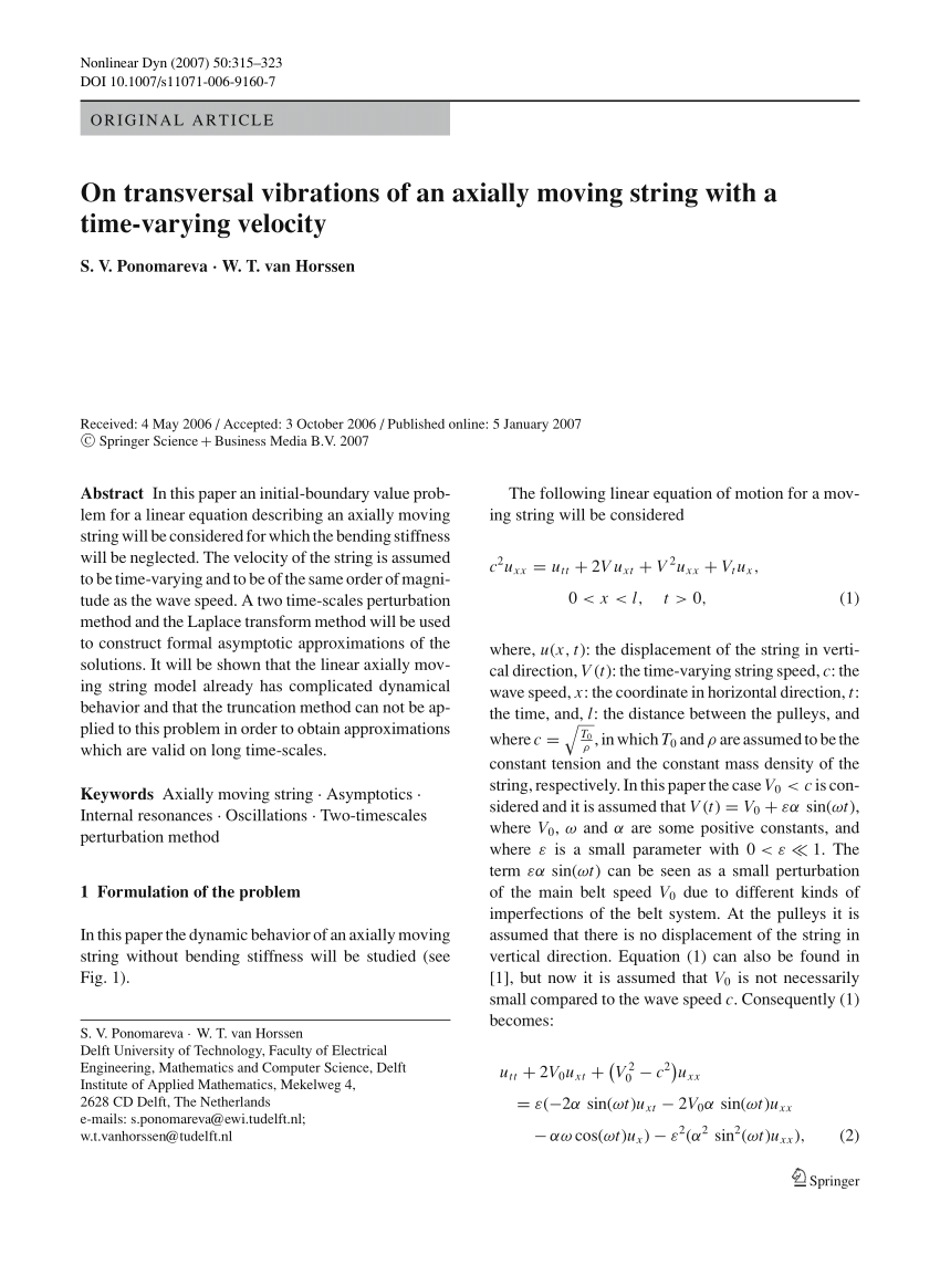 Pdf On Transversal Vibrations Of An Axially Moving String With A Time Varying Velocity