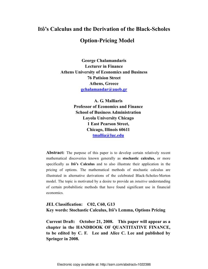 PDF) Itô's Calculus and the Derivation of the Black–Scholes Option-Pricing  Model
