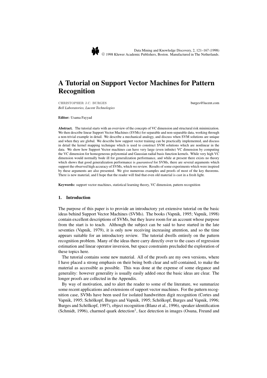 Pdf A Tutorial On Support Vector Machines For Pattern Recognition