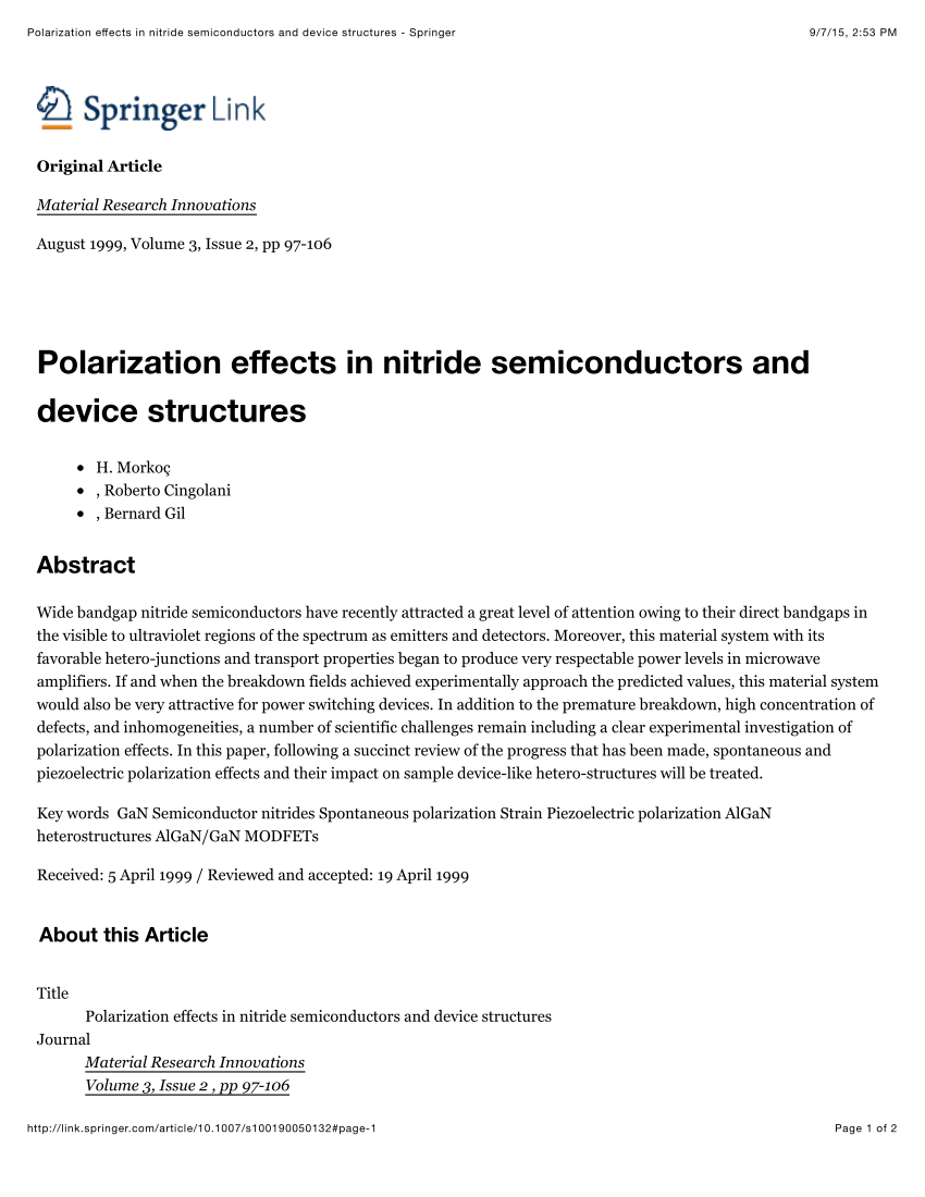 PDF) Polarization effects in nitride semiconductors and device ...
