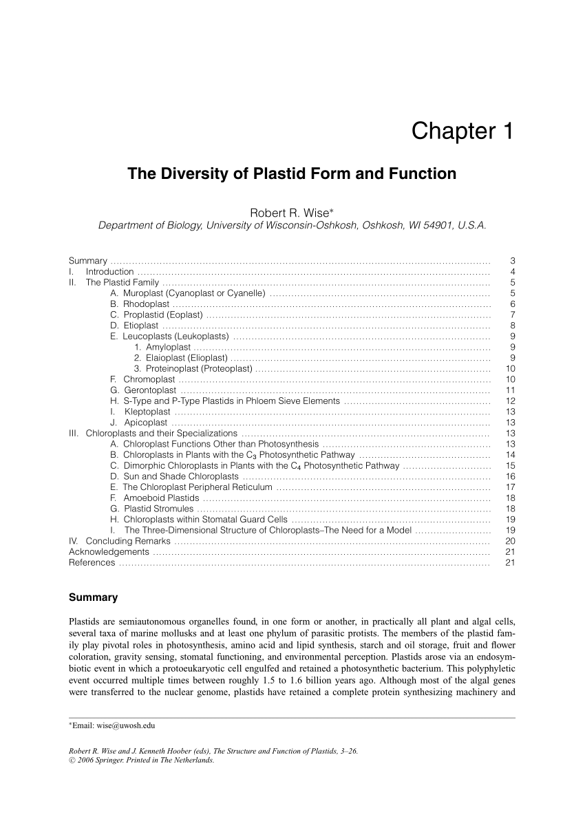 Pdf The Diversity Of Plastid Form And Function