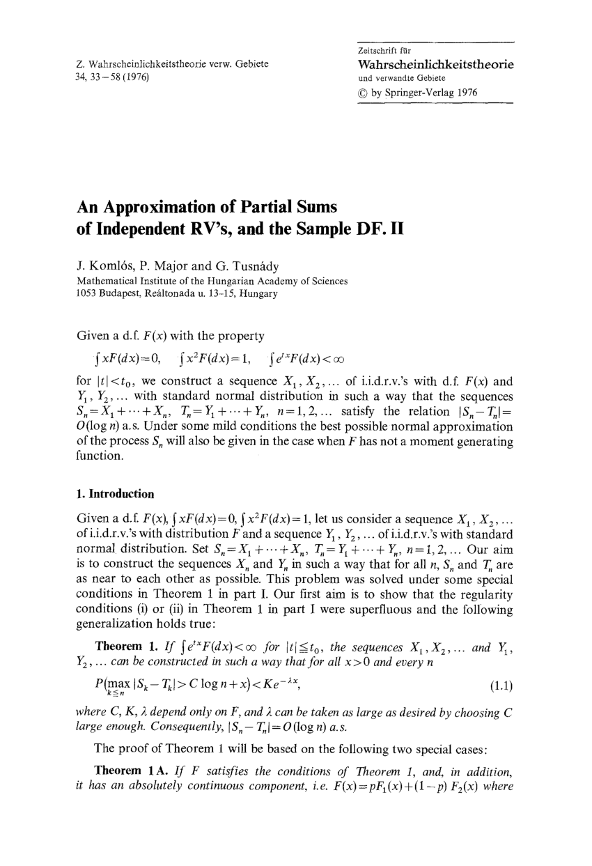 Pdf An Approximation Of Partial Sums Of Independent Rv S And The Sample Df Ii