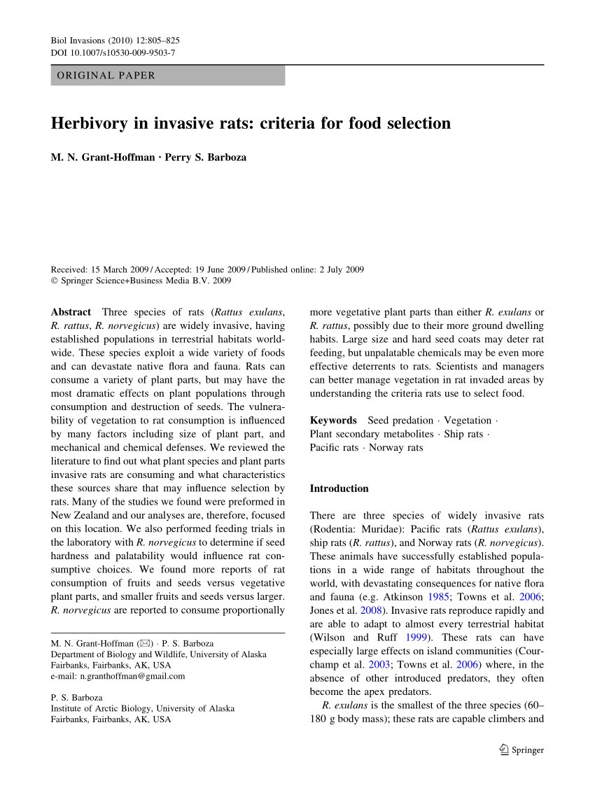 Pdf Herbivory In Invasive Rats Criteria For Food Selection