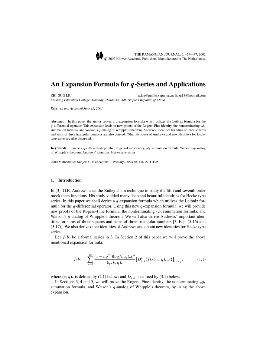 Pdf An Expansion Formula For Q Series And Applications
