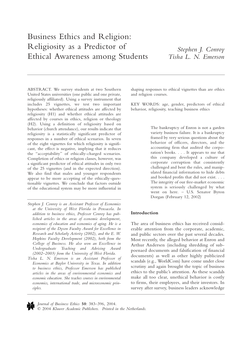 Pdf Business Ethics And Religion Religiosity As A Predictor Of Ethical Awareness Among Students