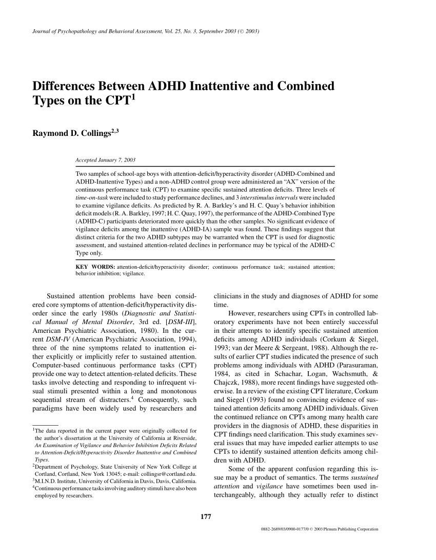 Pdf Differences Between Adhd Inattentive And Combined Types On The Cpt 6958