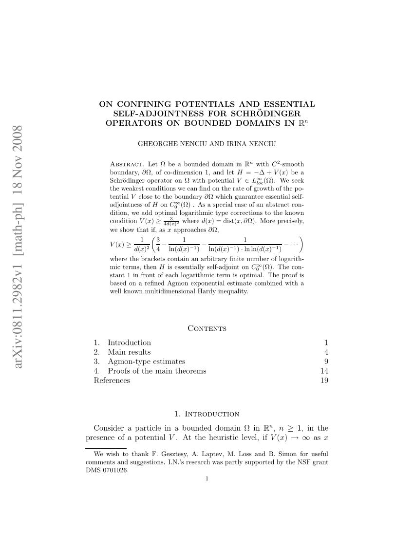 Pdf On Confining Potentials And Essential Self Adjointness For Schrodinger Operators On Bounded Domains In Mathbb R N