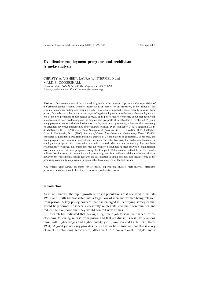 (PDF) Exoffender Employment Programs and Recidivism A MetaAnalysis