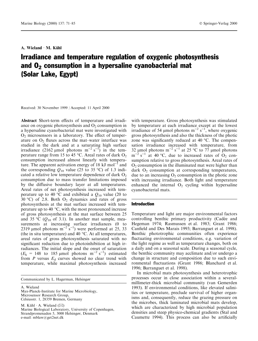 Pdf Irradiance And Temperature Regulation Of Oxygenic