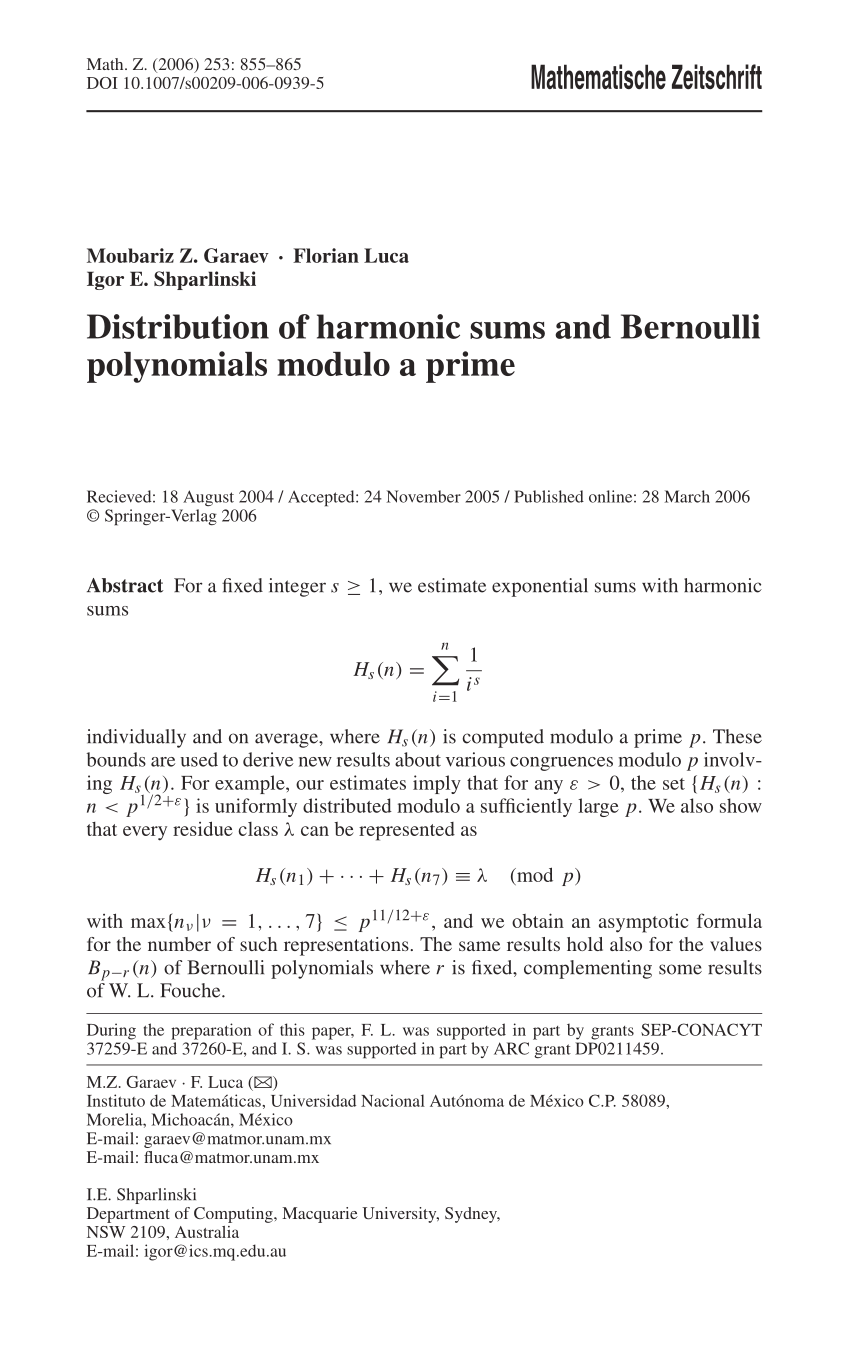 Pdf Distribution Of Harmonic Sums And Bernoulli Polynomials Modulo A Prime