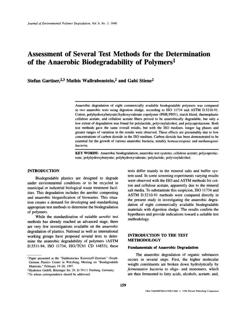 PDF Assessment Of Several Test Methods For The Determination Of The Anaerobic Biodegradability