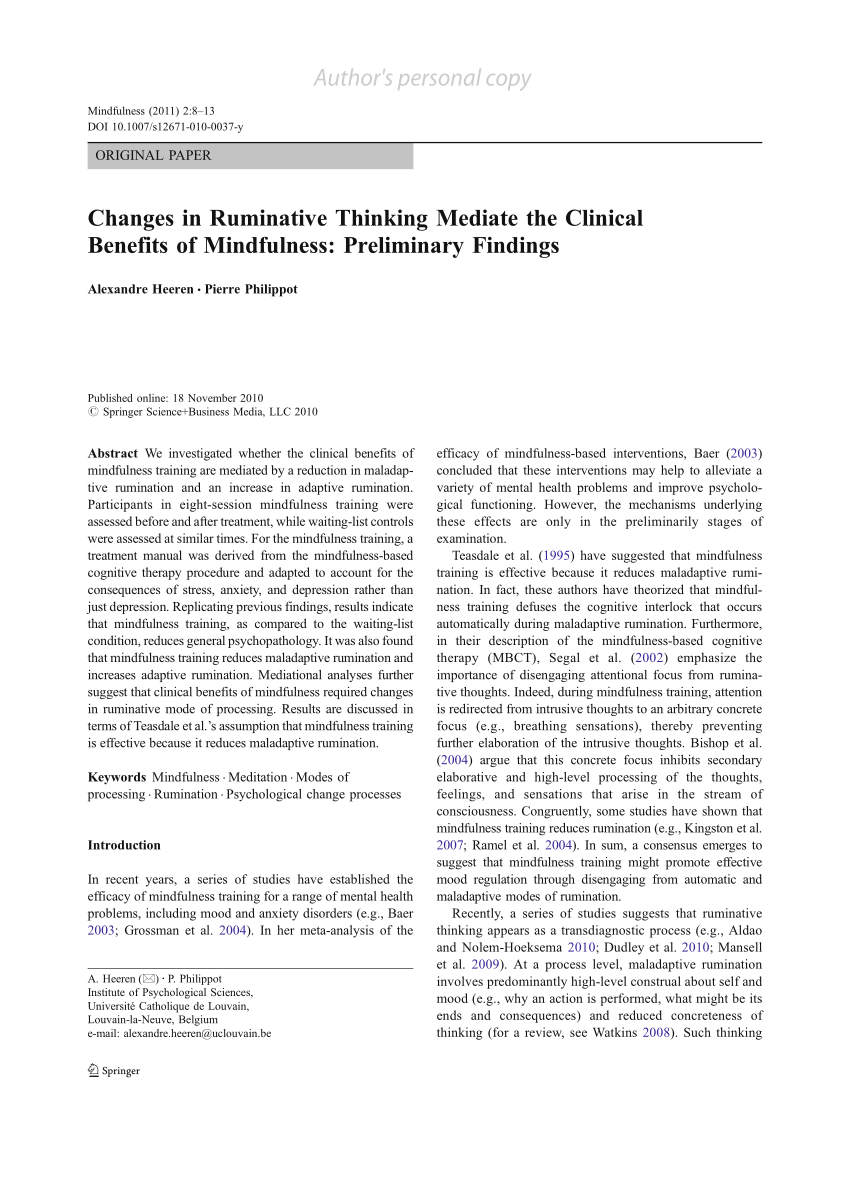 Pdf Changes In Ruminative Thinking Mediate The Clinical Benefits Of Mindfulness Preliminary Findings