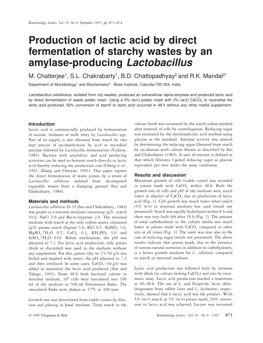 Pdf Production Of Lactic Acid By Direct Fermentation Of Starchy Wastes By An Amylase Producing Lactobacillus