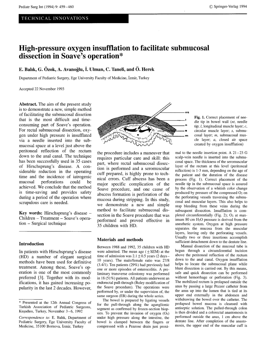 Pdf High Pressure Oxygen Insufflation To Facilitate Submucosal Dissection In Soave S Operation