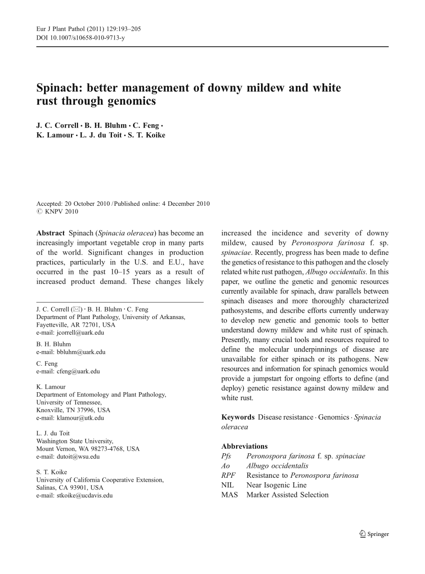Pdf Spinach Better Management Of Downy Mildew And White Rust Through Genomics