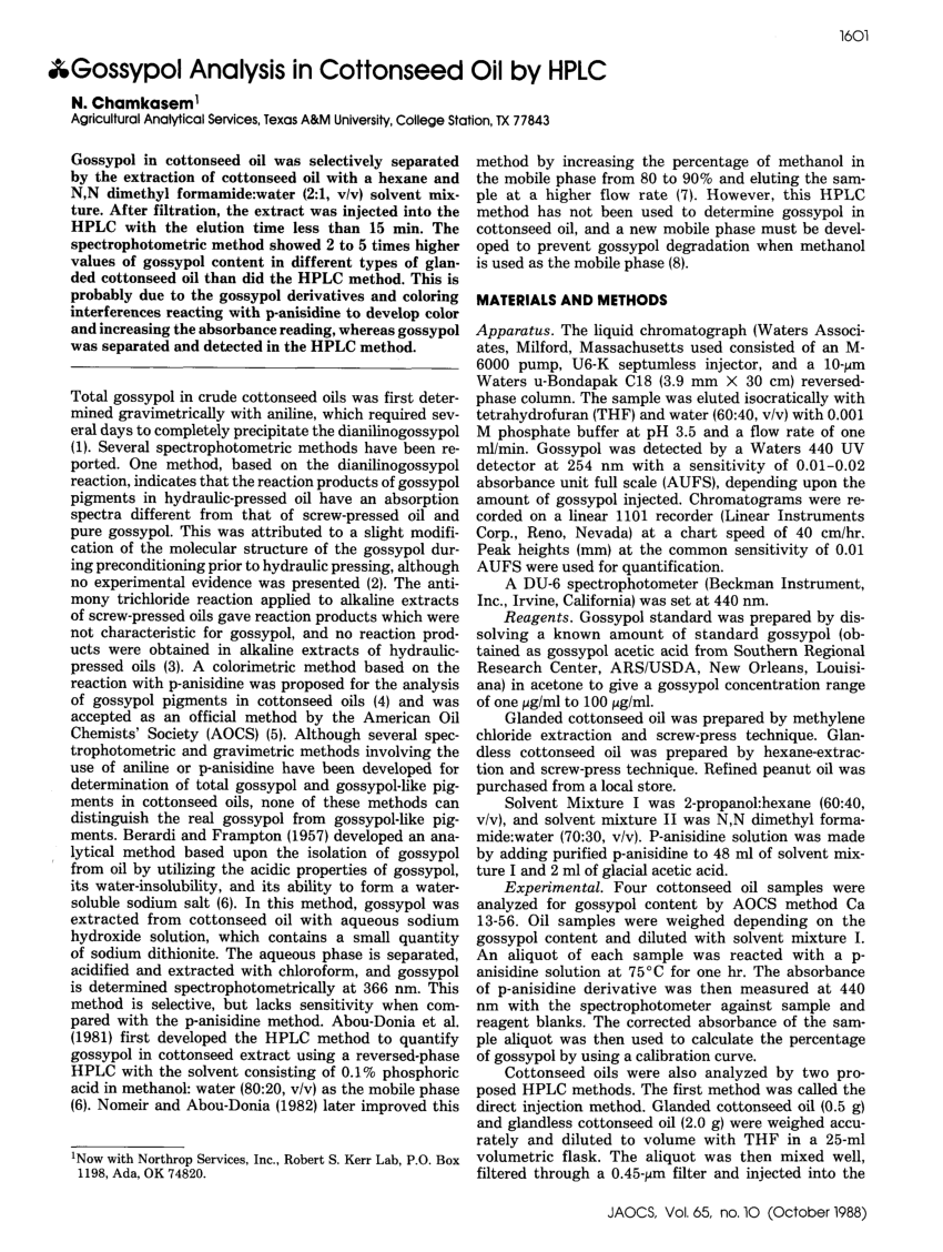 Pdf Gossypol Analysis In Cottonseed Oil By Hplc