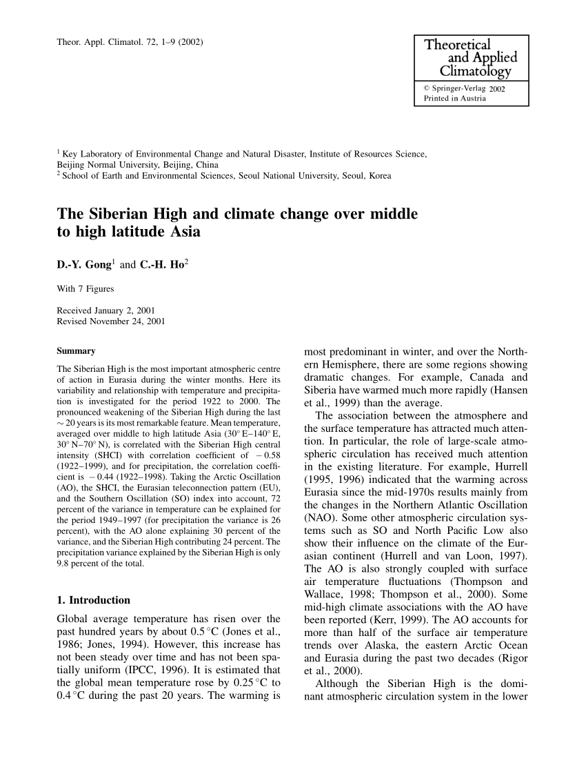 Pdf The Siberia High And Climate Change Over Middle To High Latitude Asia