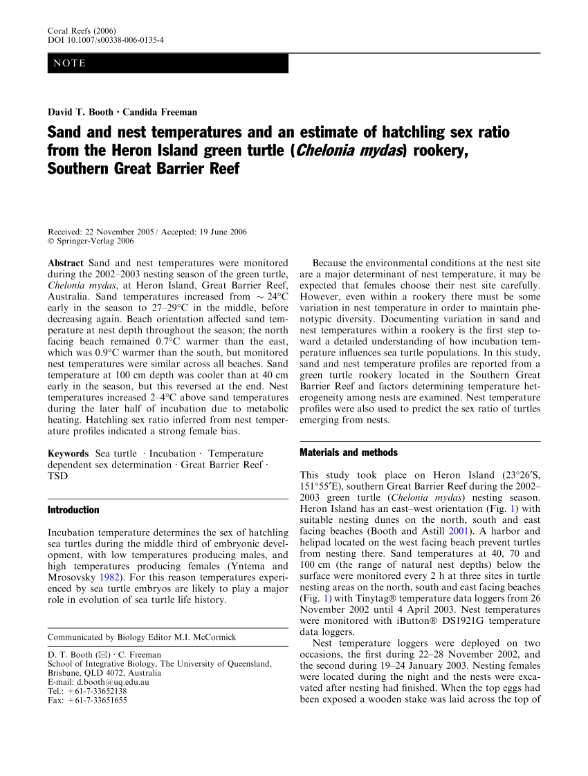 Pdf Sand And Nest Temperatures And An Estimate Of Hatchling Sex Ratio From The Heron Island 4900