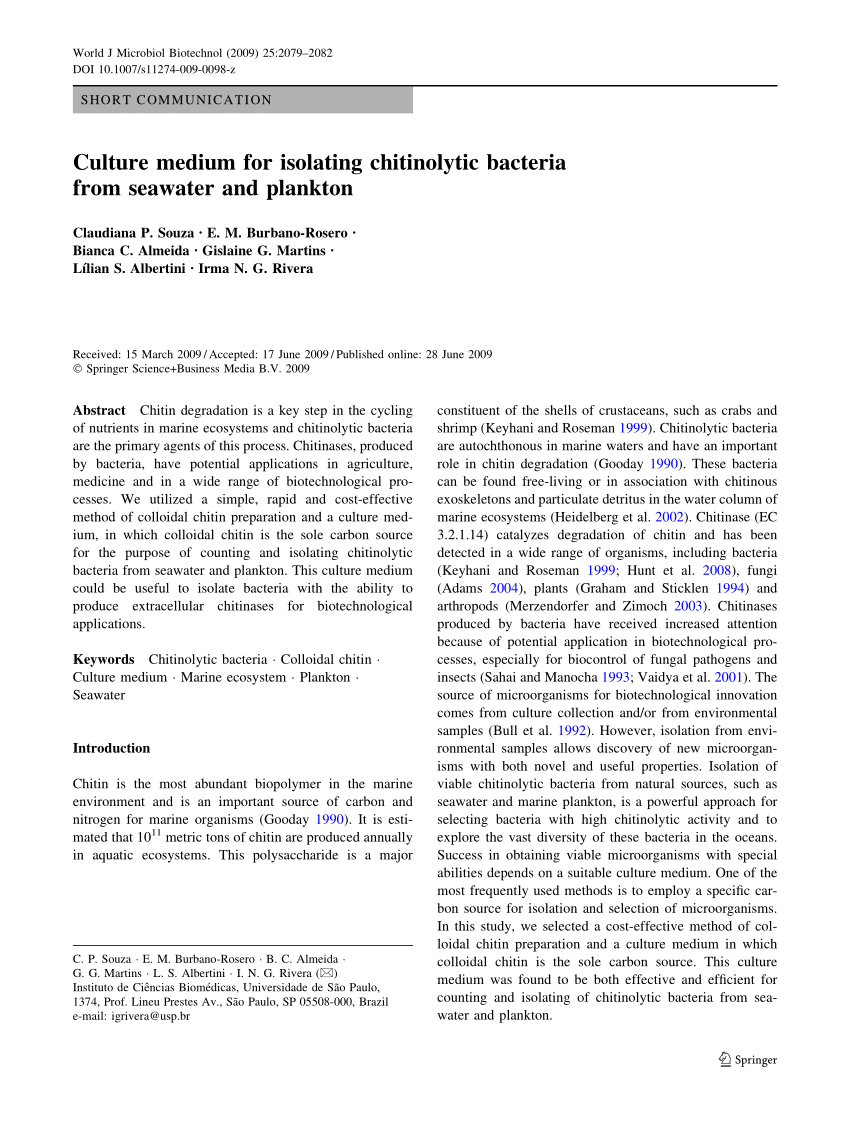 Pdf Culture Medium For Isolating Chitinolytic Bacteria From Seawater And Plankton