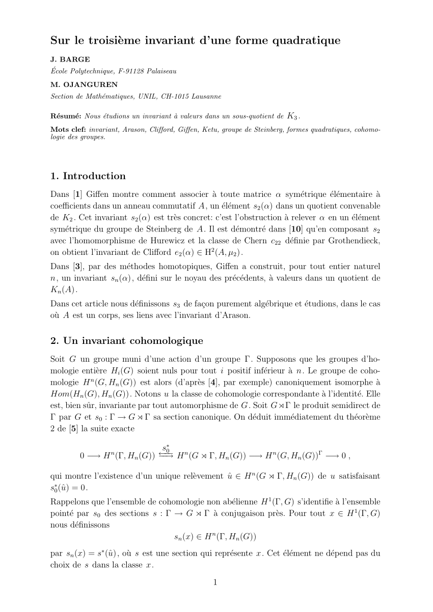 Pdf Sur Le Troisieme Invariant D Une Forme Quadratique