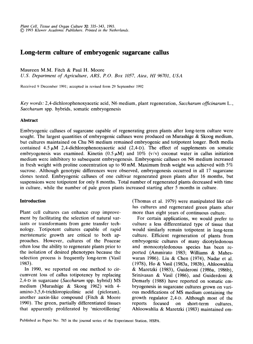 Pdf Long Term Culture Of Embryogenic Sugarcane Callus