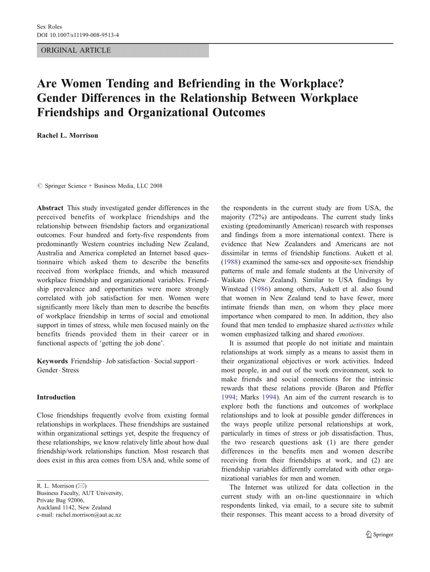 Pdf) Are Women Tending And Befriending In The Workplace? Gender Differences  In The Relationship Between Workplace Friendships And Organizational  Outcomes