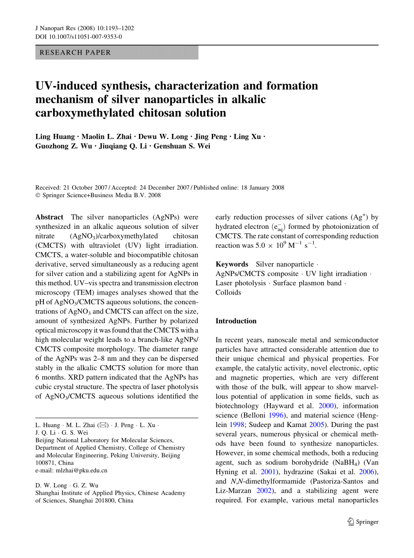 Pdf Uv Induced Synthesis Characterization And Formation Mechanism Of Silver Nanoparticles In Alkalic Carboxymethylated Chitosan Solution