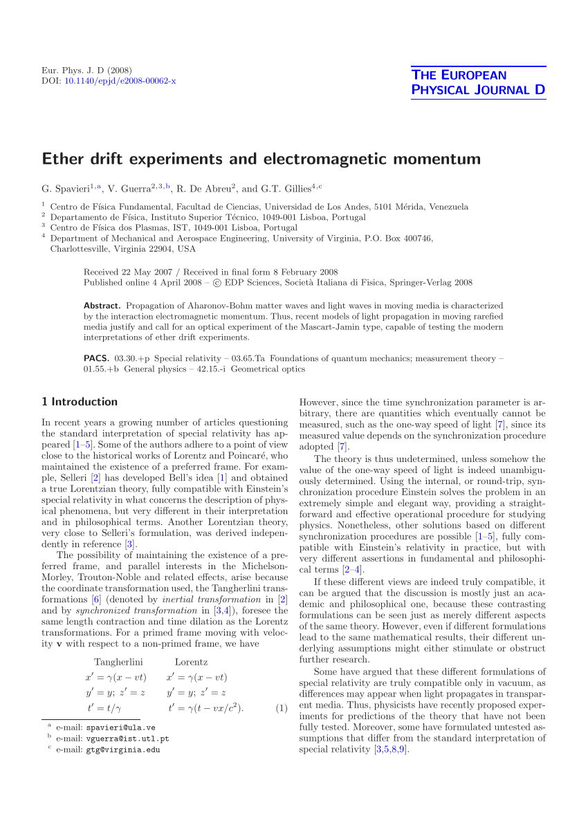 Pdf Ether Drift Experiments And Electromagnetic Momentum
