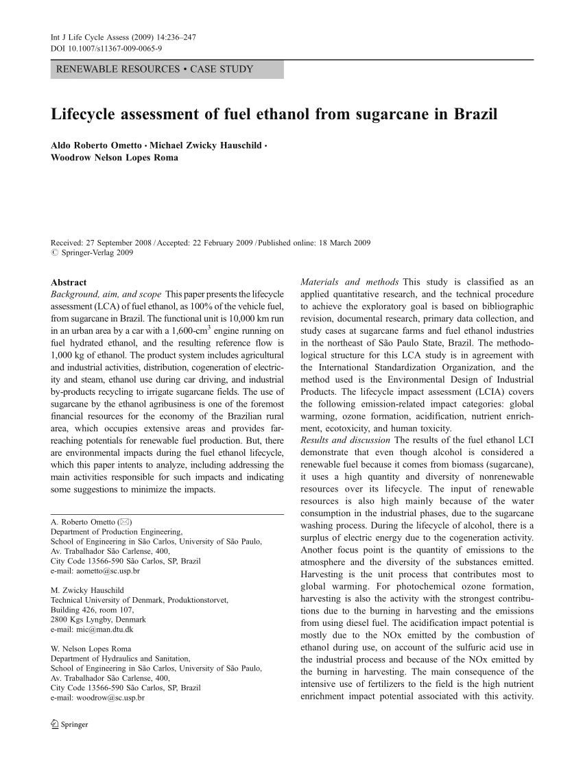 PDF) Lifecycle assessment fuel ethanol from Brazil