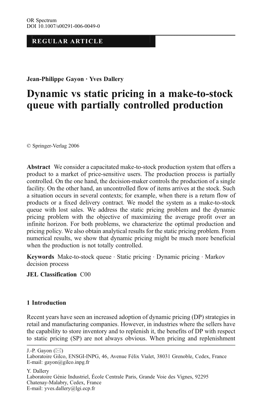 Pdf Dynamic Vs Static Pricing In A Make To Stock Queue With Partially Controlled Production
