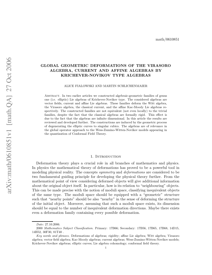 (PDF) Global Geometric Deformations of the Virasoro Algebra, Current ...