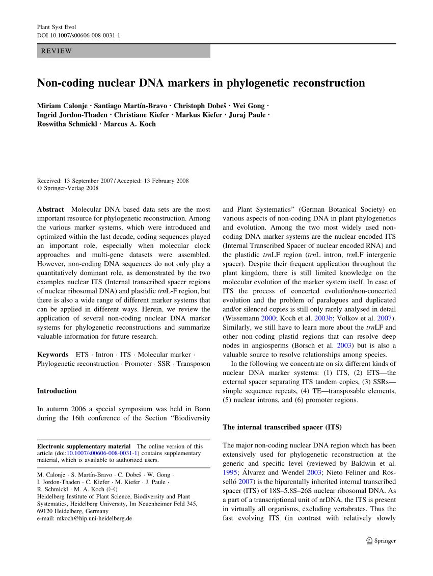 Pdf Non Coding Nuclear Dna Markers In Phylogenetic Reconstruction