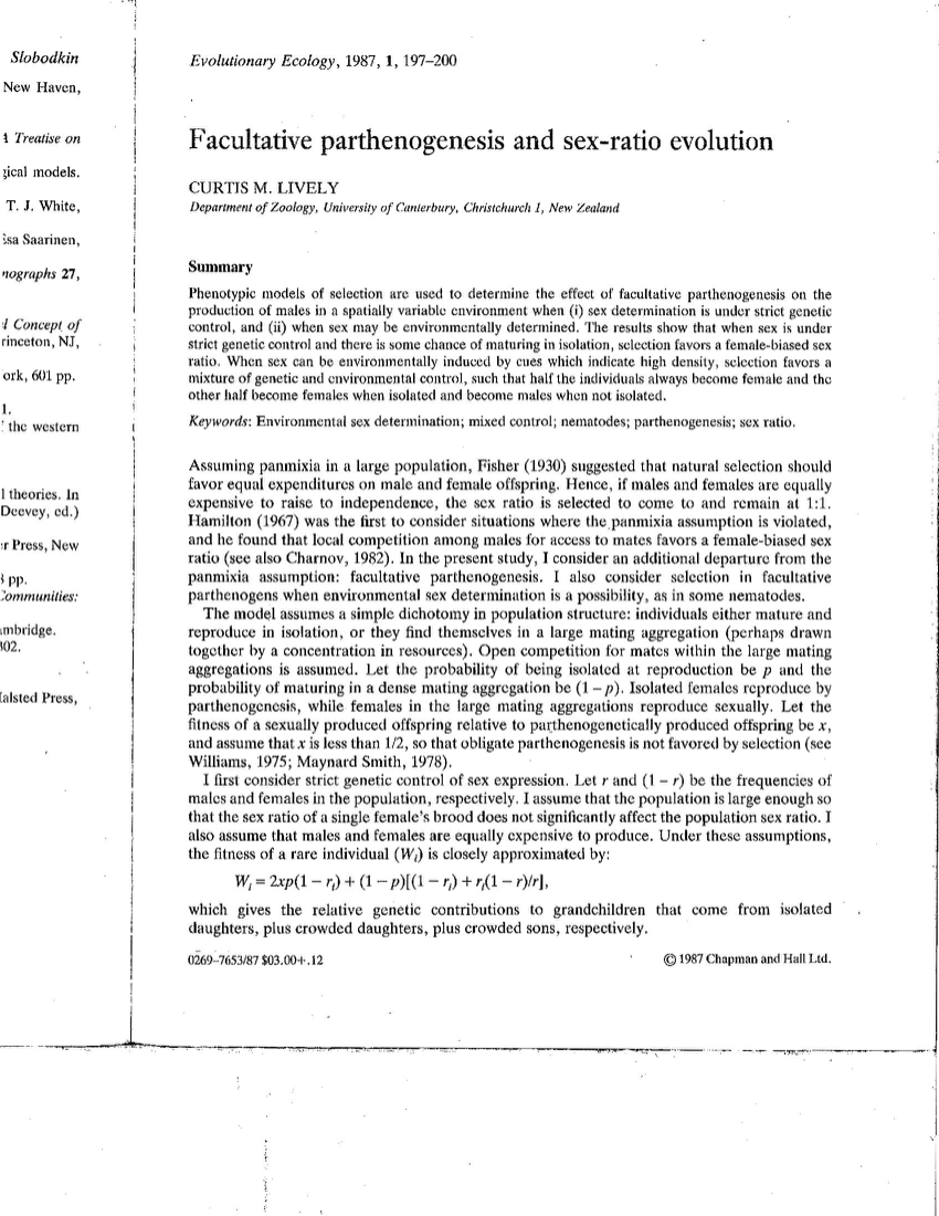 Pdf Facultative Parthenogenesis And Sex Ratio Evolution