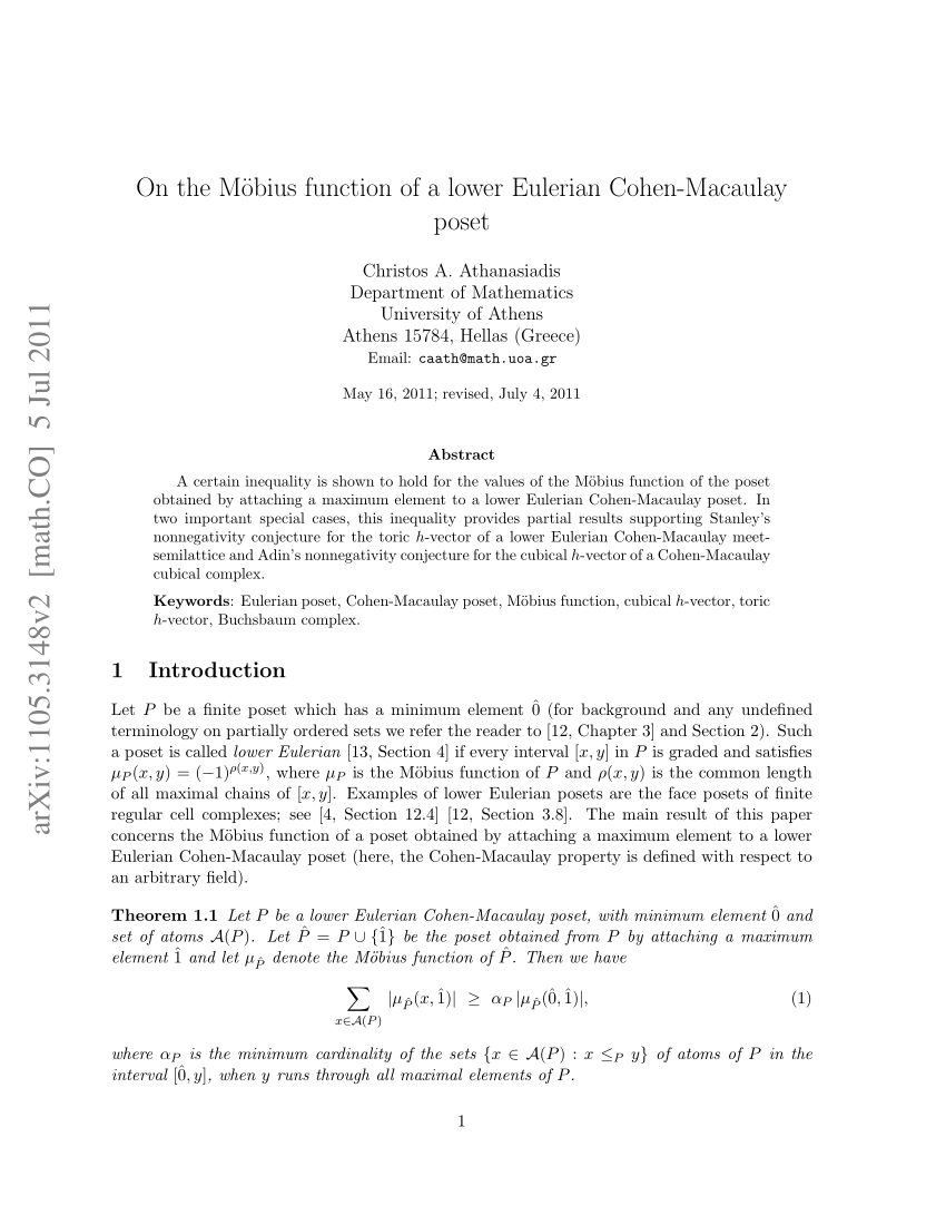 Pdf On The Mobius Function Of A Lower Eulerian Cohen Macaulay Poset