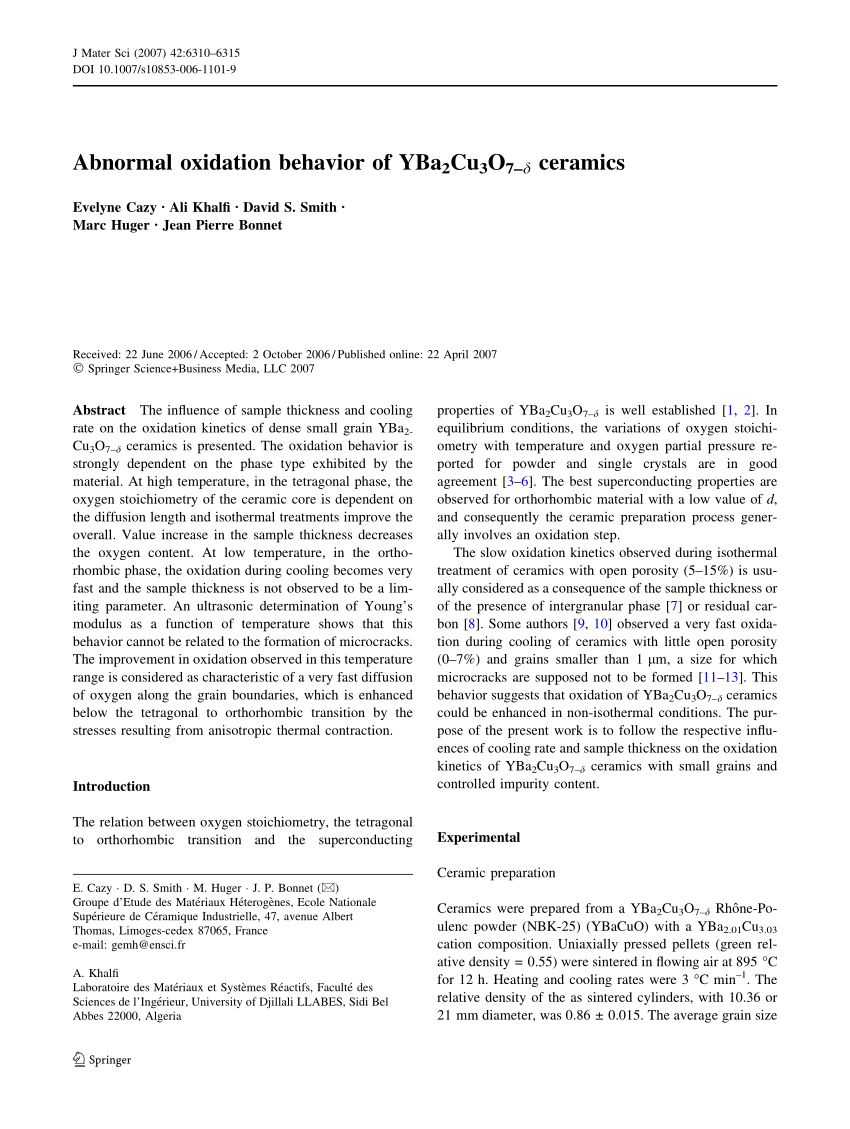 Pdf Abnormal Oxidation Behavior Of Yba2cu3o7 D Ceramics