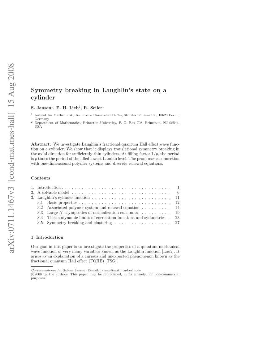 Pdf Symmetry Breaking In Laughlins State On A Cylinder - 