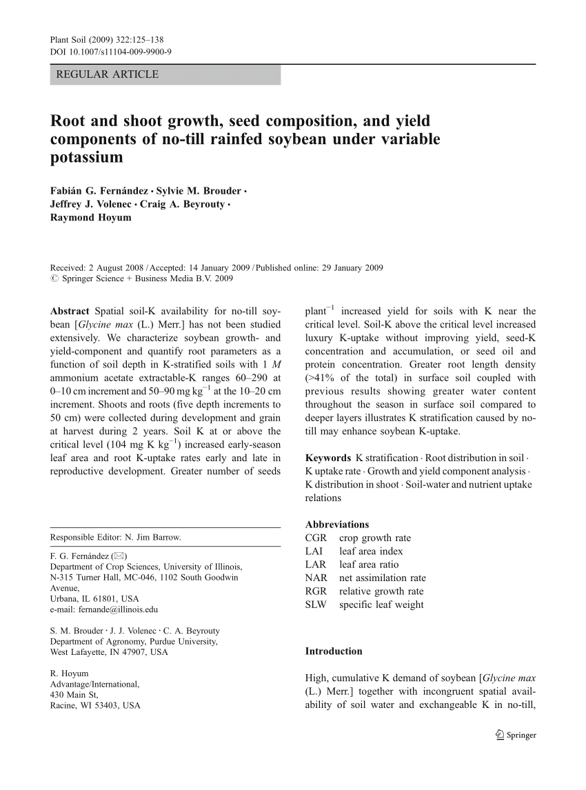 Pdf Root And Shoot Growth Seed Composition And Yield Components Of No Till Rainfed Soybean Under Variable Potassium